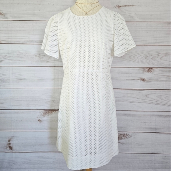 J. Crew Cotton Eyelet Dress with Short Sleeve Detail in White and Cream Sz 10 - Picture 2 of 13
